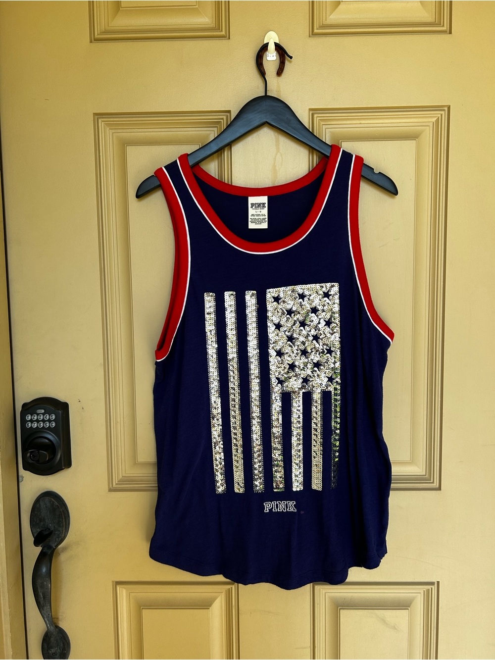Y2K PINK Victoria's Secret Girls' Navy Sequin Flag Tank Top - Red Trim size L